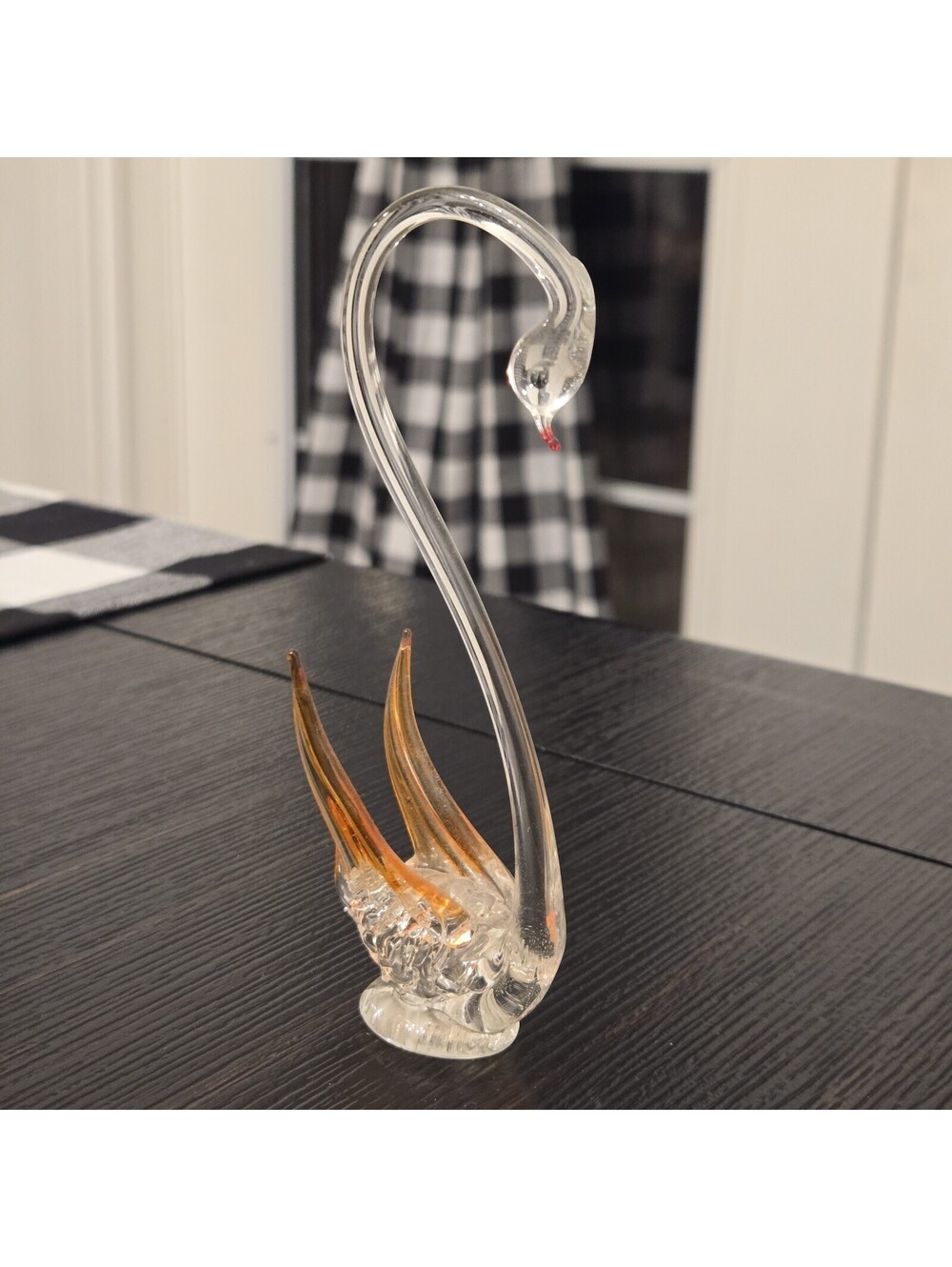 Vintage Hand Blown Art Glass Swan Figurine Clear with Amber Orange Tail, EUC